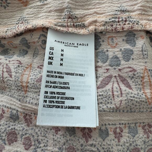 American Eagle Medium Boho Top Embroidered Tassel Long Sleeve Keyhole Pink Multi - Picture 11 of 11